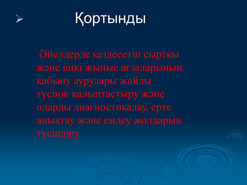 Қортынды   Әйелдерде кездесетін сыртқы және ішкі жыныс ағзаларының  қабыну аурулары жайлы